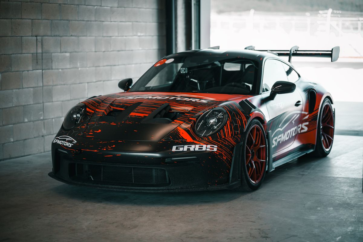 Porsche 911 in the pit garage